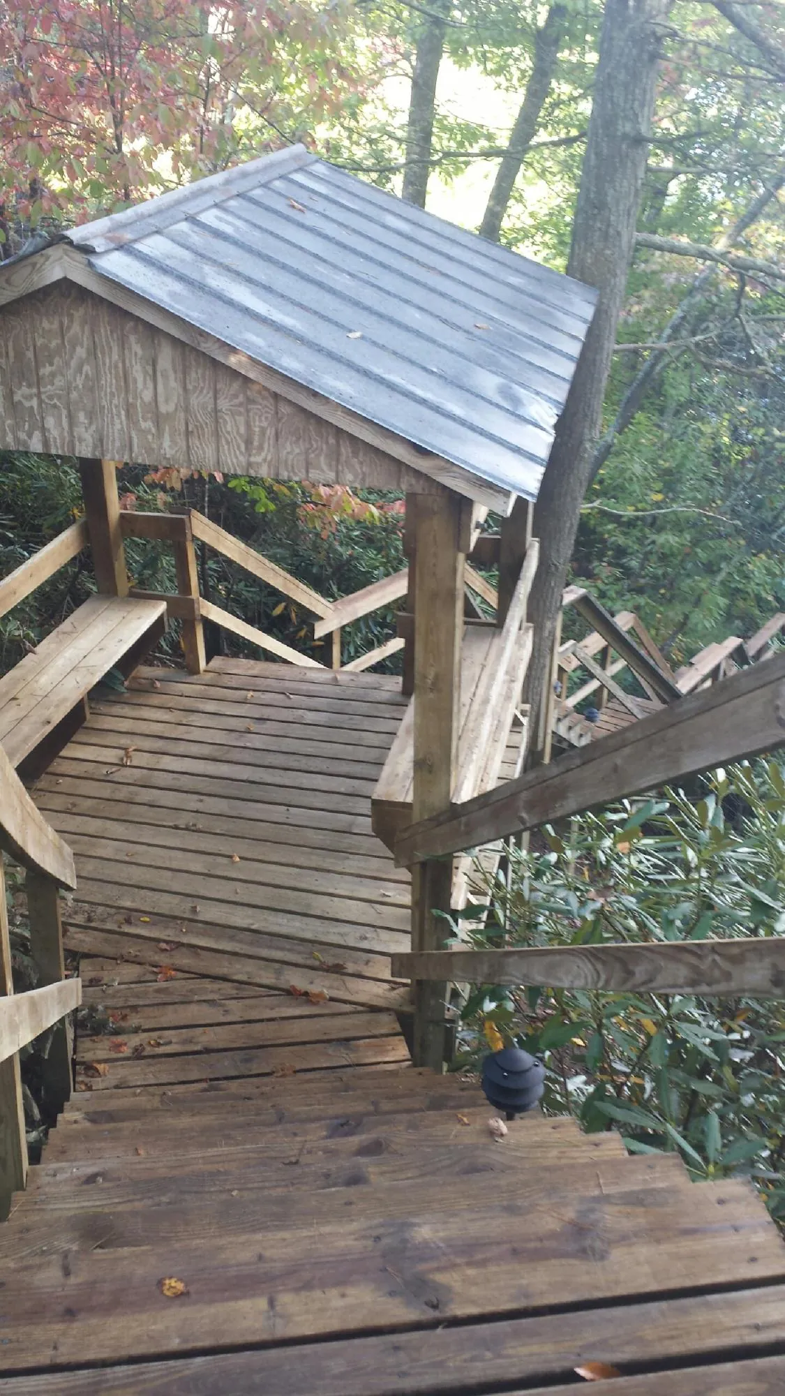 Metal roofed shelter over wooden steps on a wooded walkway — Skylight Repair & Installation work by our crew in Reidville